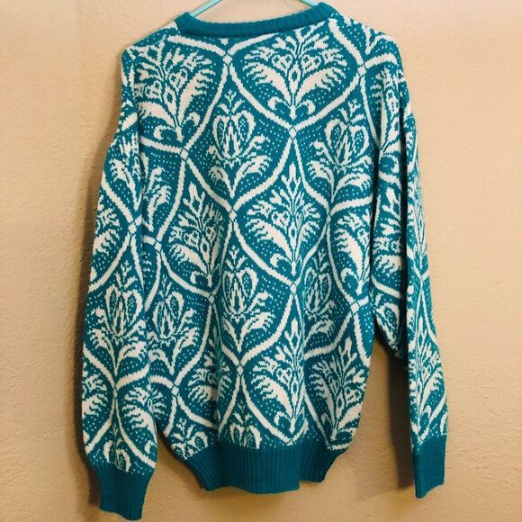 Vintage Men's Sweater Size Large Green White Wool Blend Made in Italy 80s Style - Picture 4 of 6